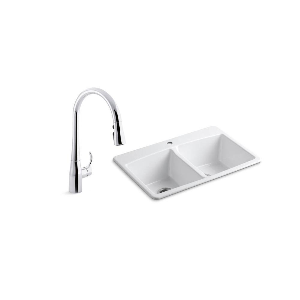 KOHLER Brookfield All-in-One Drop-In Cast Iron 33 in. Double Bowl Kitchen Sink in White with Simplice Kitchen Faucet K-596-CP-5846-1-0