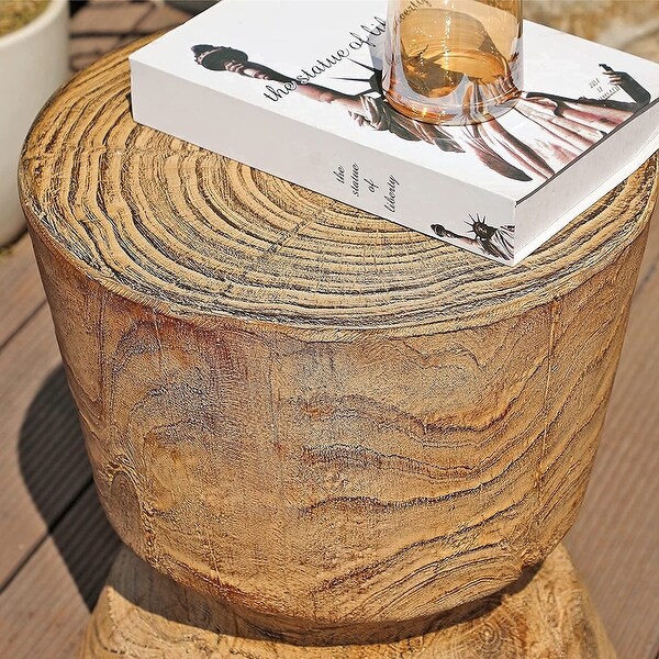 14.6 Inch Round Accent Table， Faux Wood Stump Stool， Patio End Table， Garden Stool， Plant Stand， Wood Grain Finish