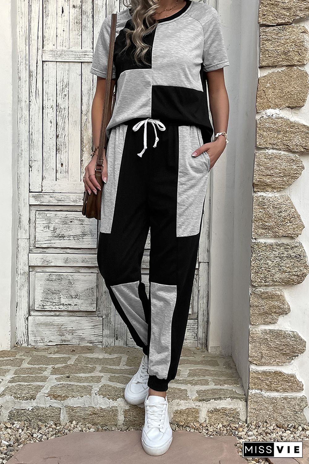 Black & Gray Patchwork Drawstring Top & Pants 2 Pcs Set Wholesale