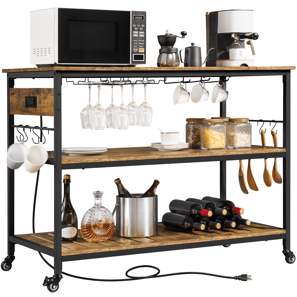 Easyfashion Rolling Kitchen Island with 3 Shelves， Glass Holder and Power Outlets， Rustic Brown