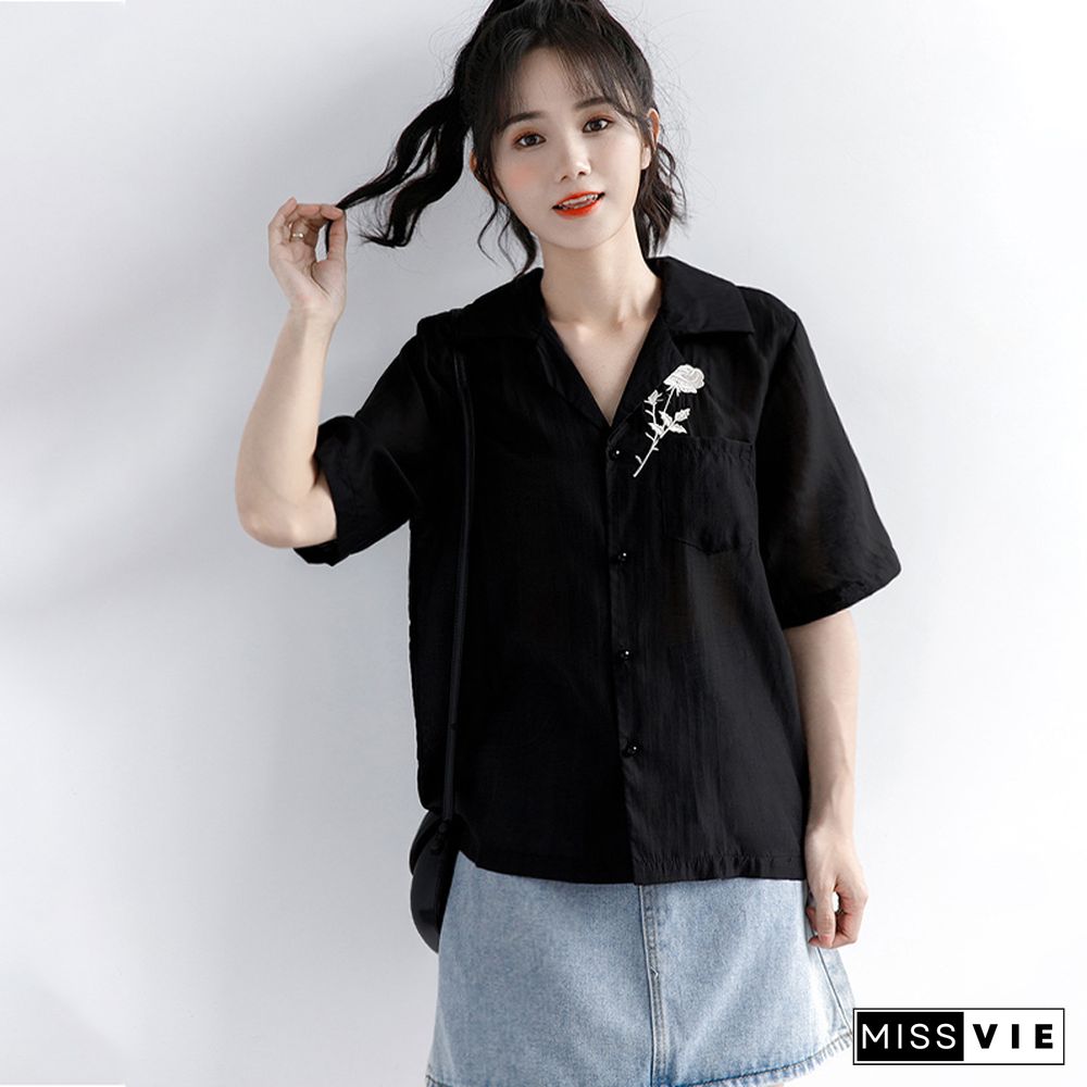 Vintage Blossom Embroidery  Pocket Polo T-Shirt