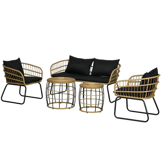 Outsunny 5 Piece Pe Rattan Outdoor Furniture Set With Cushioned Chairs Loveseat Sofa amp Stackable Coffee Tables Black