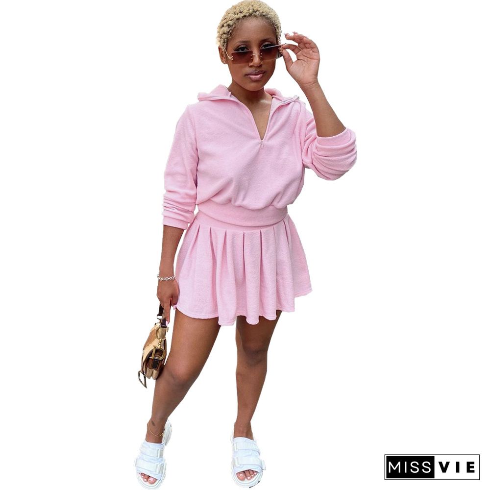 Long Sleeve T Shirt Pleated Tennis Mini Skirts Set