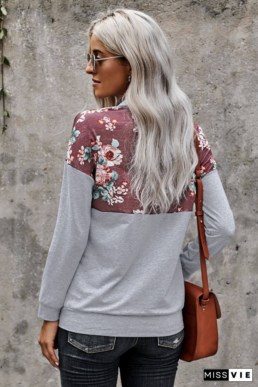 Floral Splice Grey Kangaroo Pocket Zip Collar Sweatshirt