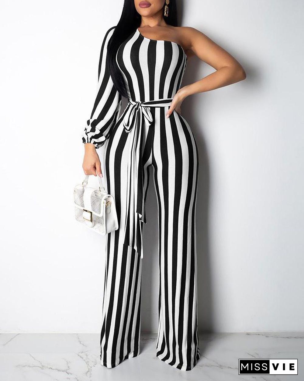 One Shoulder Striped Bleted Jumpsuit