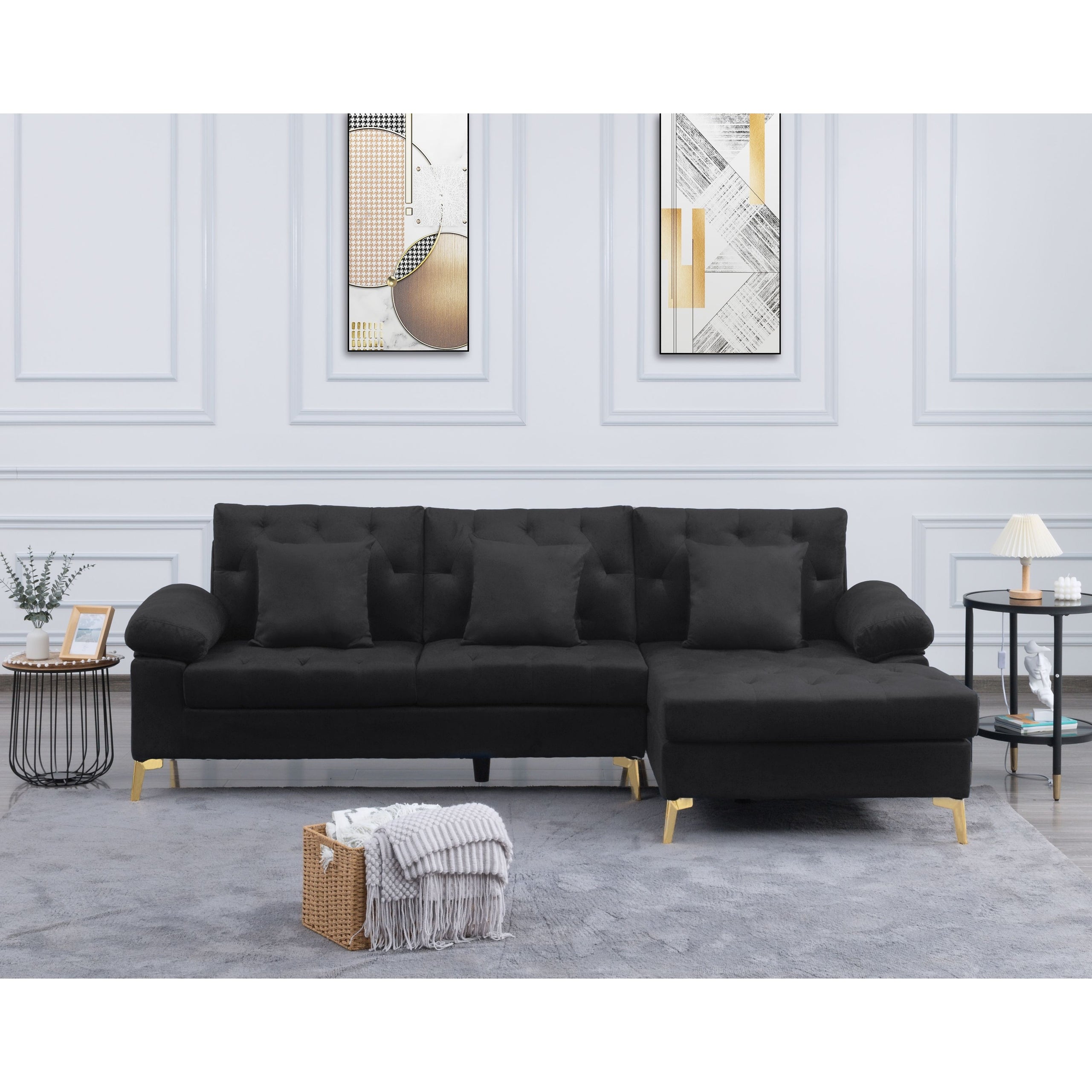 3 Seat L-shaped Sectional Sofa Velvet Upholstered Sofa and Right Hand Facing Chaise