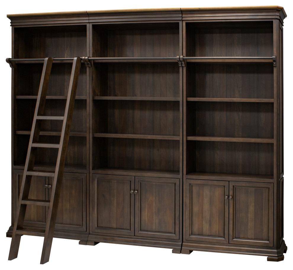 Executive Bookcase Wall With Wood Ladder  Fully Assembled  Brown   Traditional   Bookcases   by Martin Furniture  Houzz