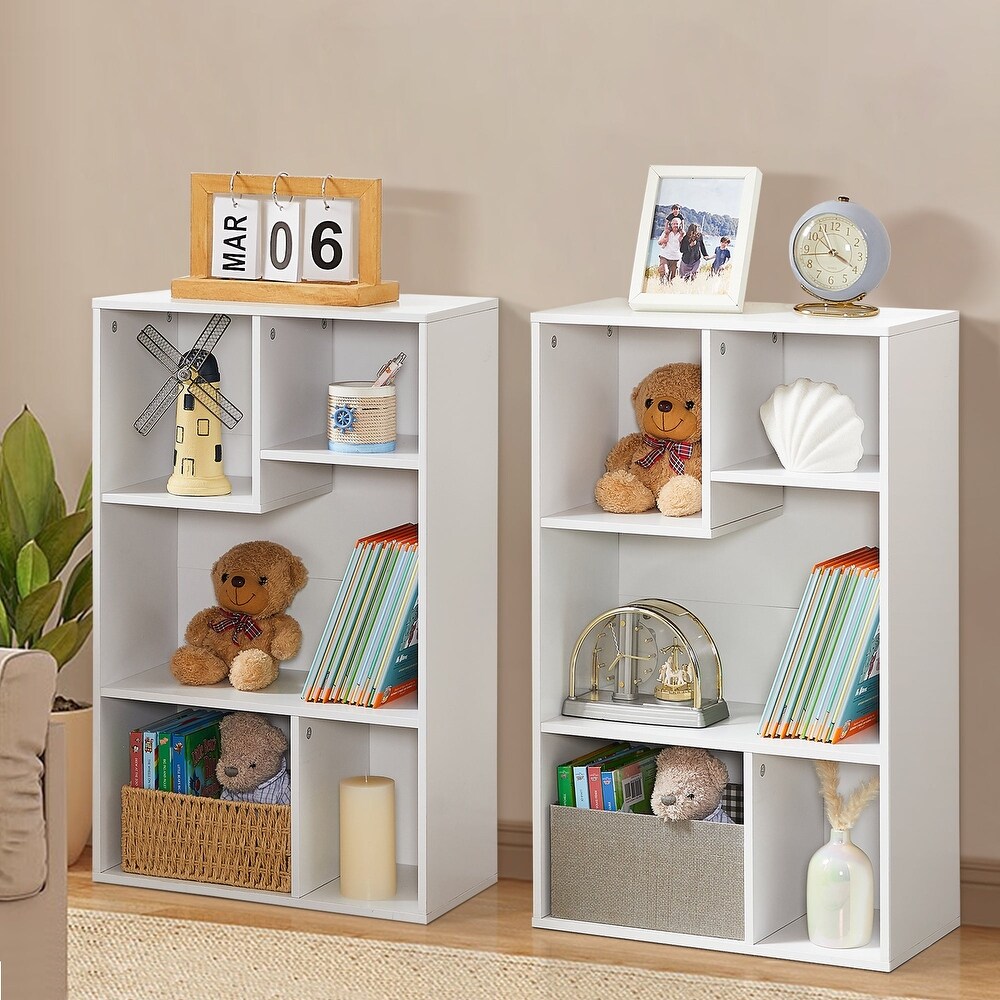 VECELO  Widened Version，(Set of 2)2 Tier Five Open Cube Wooden Bookcase Organizer  Bookshelf