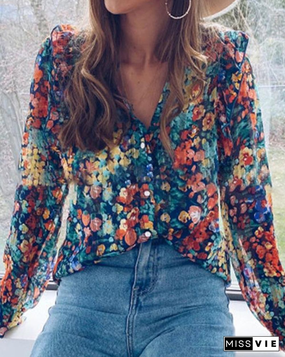 Plus Size Floral Print Casual Shirts Blouses