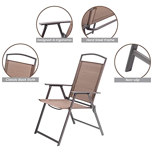 Crestlive Products Set of 4 Patio Folding Chairs 4-Pack Dining Chairs Outdoor Portable Sling with Armrest for Camping, Beach, Garden, Pool, Backyard, Deck (Brown)