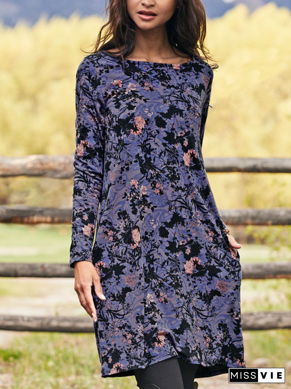 Casual Long Sleeve Round Neck Plus Size Printed Dress