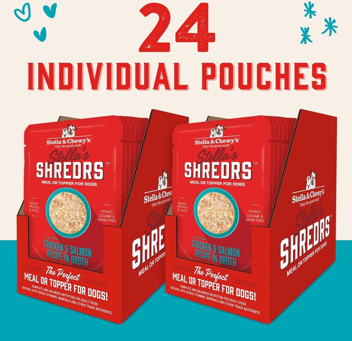 Stella and Chewy's Stella’s Shredrs Cage Free Chicken and Salmon Recipe in Broth Adult Wet Dog Food， 2.8-oz pouch， case of 24