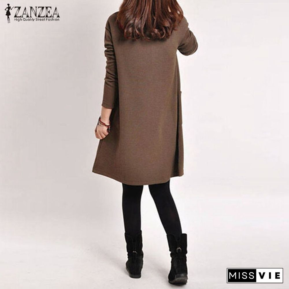 Women V Neck Long Sleeve Casual Loose Tops Shirt Jumper Dress Plus Size