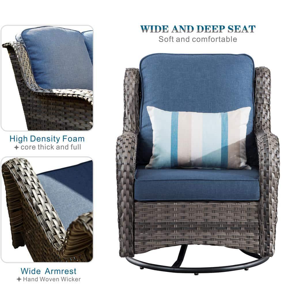 OVIOS Joyoung Gray 3Piece Wicker Outdoor Patio Conversation Seating Set with Denim Blue Cushions and Swivel Rocking Chairs