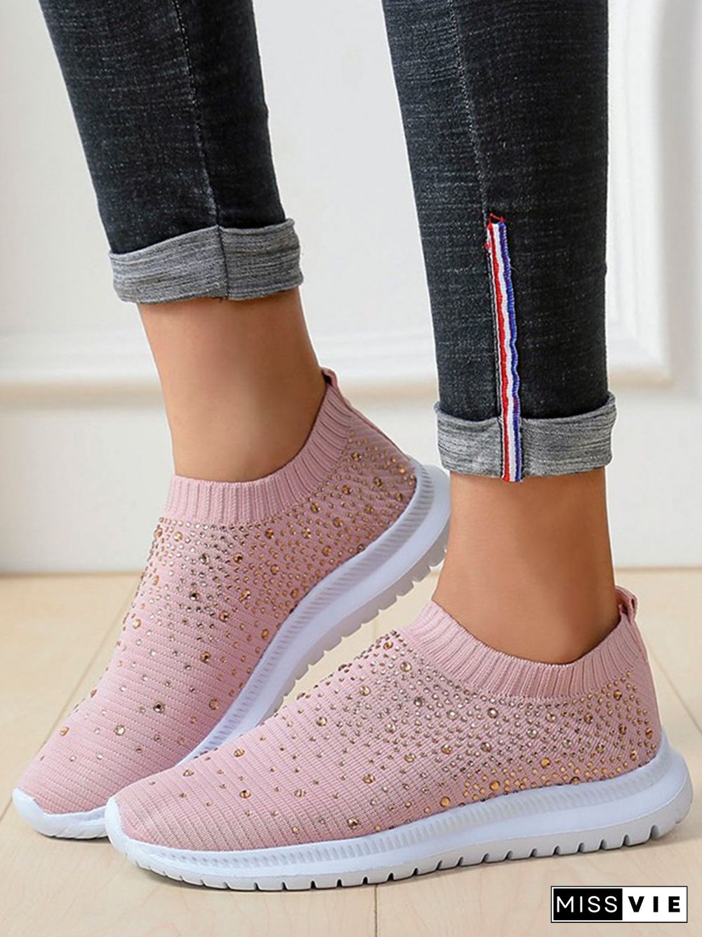 Rhinestone Design Portable Overfoot Lightweight Flyknit Sneakers