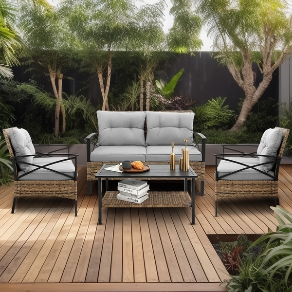 4 Piece Outdoor Conversation Chair Set With Cushion，Patio Rattan Wicker Set with 2 Single chairs and Loveseat，Coffee Table