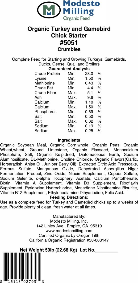 Modesto Milling Organic Turkey and Gamebird Chick Starter Crumbles Poultry Feed， 50-lb bag