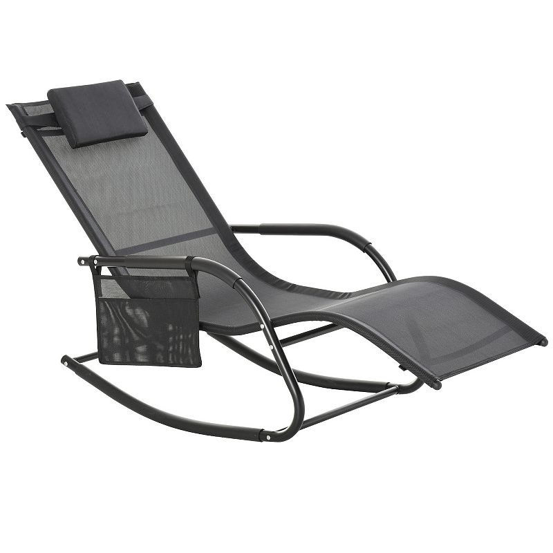 Outsunny Outdoor Rocking Recliner Sling Sun Lounger with Removable Headrest and Side Pocket for Garden Patio and Deck Black