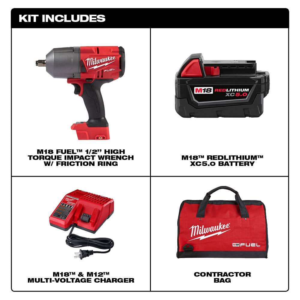 Milwaukee M18 FUEL 18V Lithium-Ion Brushless Cordless 1/2 in. Impact Wrench w/Friction Ring Kit w/One 5.0 Ah Battery and Bag 2767-21B