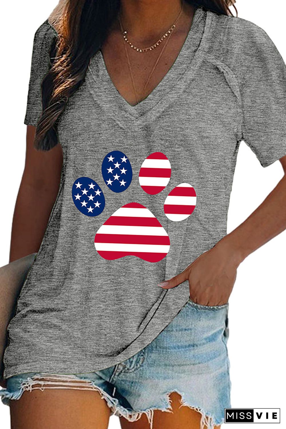 American Dog US Flag Print V Neck Graphic Tee