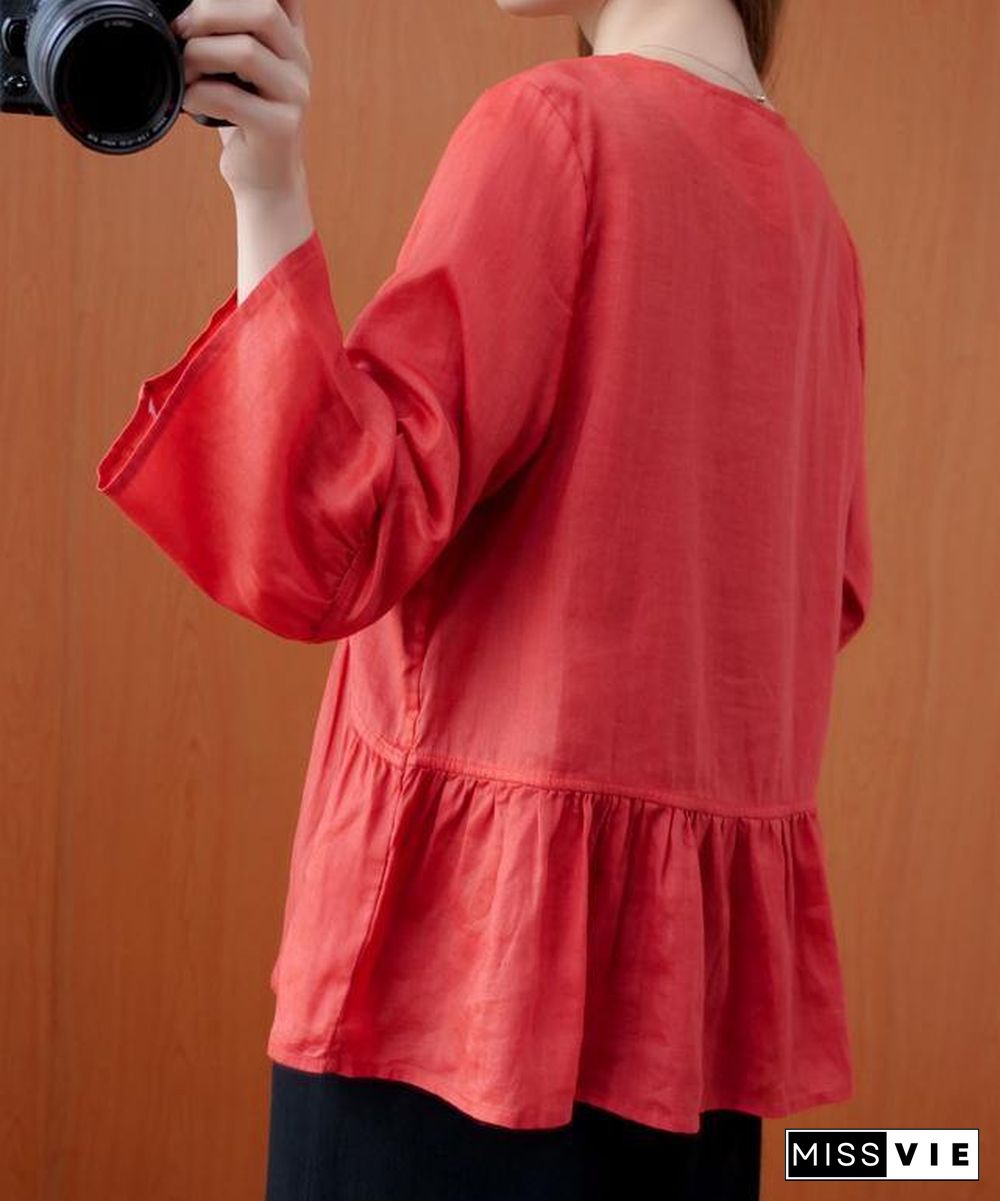 Beautiful red tunics for women v neck Ruffles loose summer blouses