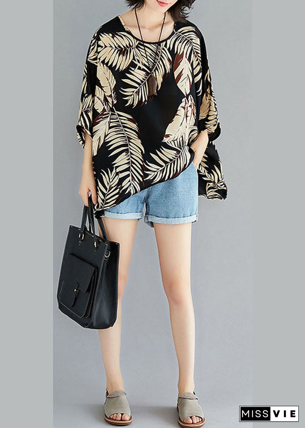 Boutique Black O-Neck Print asymmetrical design Fall Half Sleeve Blouse Top