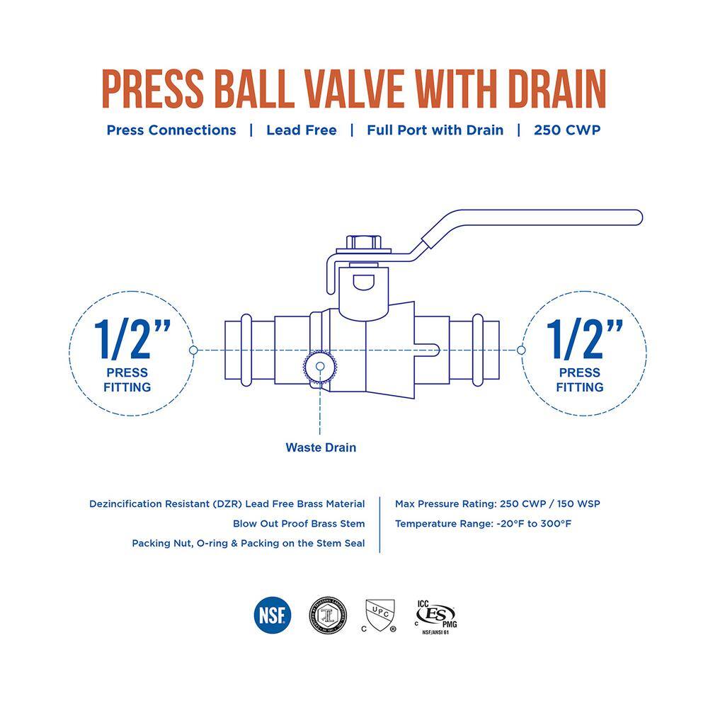 The Plumber's Choice 12 in. Press Brass Ball Valve with Drain (Pack of 5) VLV532012D-5