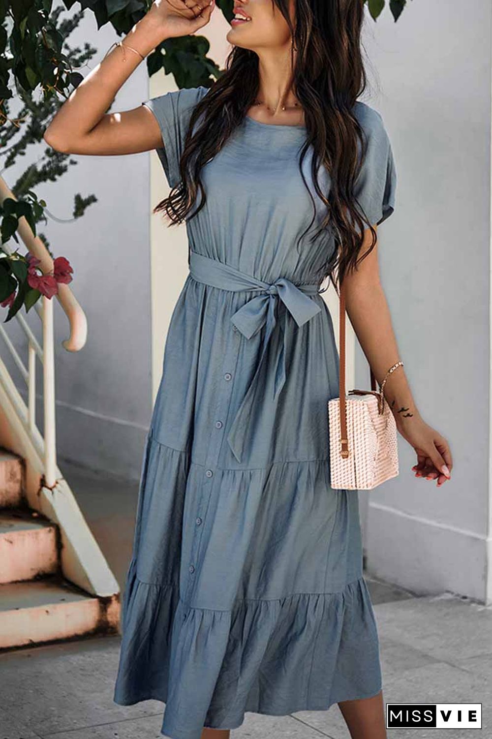 Pure Color Simple Restraint Waist Midi Dress