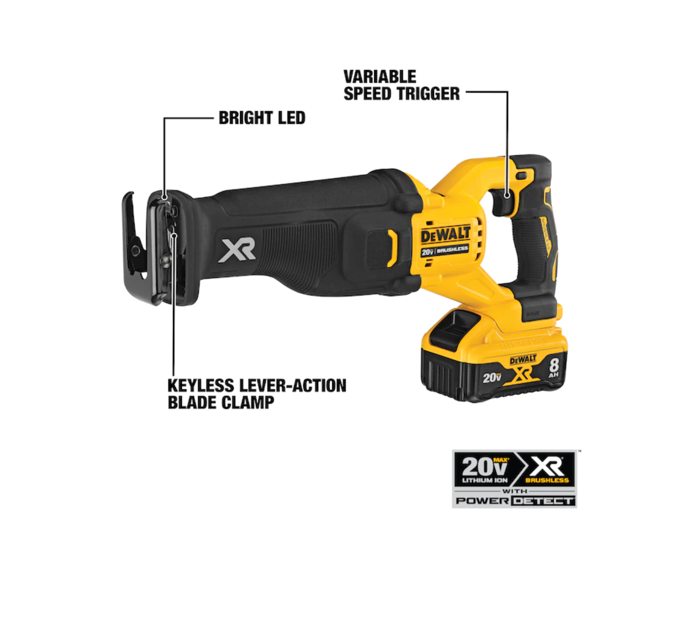 DEWALT DCS368B XR POWER DETECT 20-volt Max Variable Speed Brushless Cordless Reciprocating Saw (Tool Only)