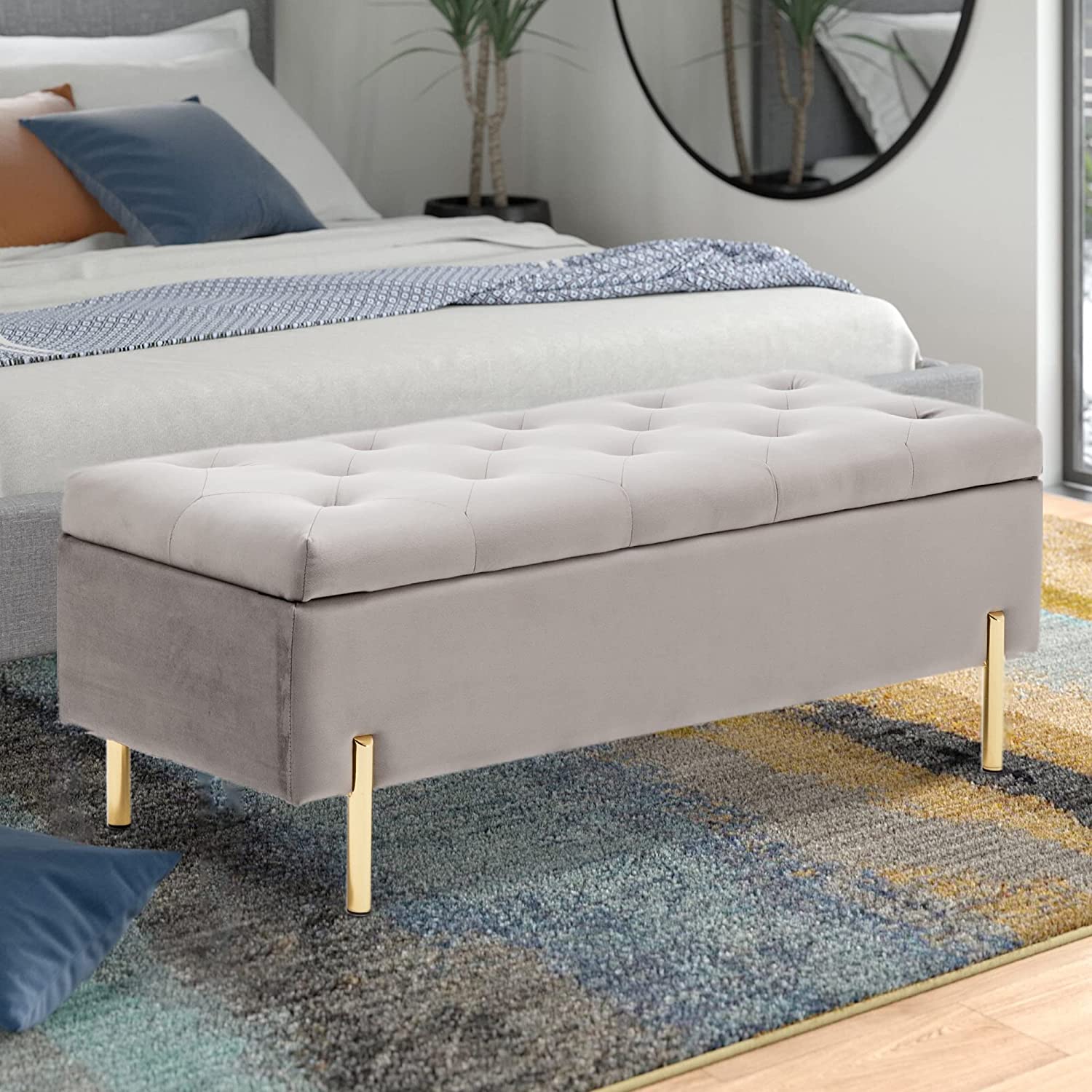 Andeworld Ottoman with Storage Bench, Modern Velvet Upholstered Rectangular Tufted Footstool Bench, Large Storage Bench for Bedroom,Living Room,Entryway (Grey)