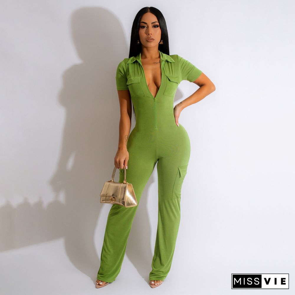 Turn Down Collar Zipper Pockets One Piece Jumpsuit