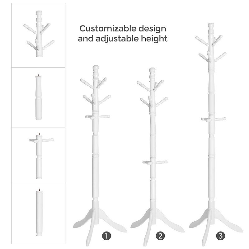 Coat Rack With 10 Hooks， Rubber Wood Coat Tree Free Standing， For Clothes， Hats， Handbags， Umbrella