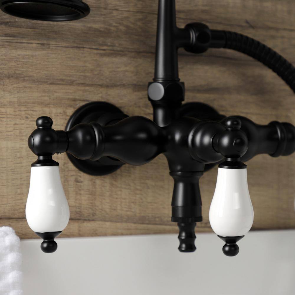 Kingston Brass Vintage 3-38 in. Wall Mount 3-Handle Claw Foot Tub Faucet with Hand Shower in Matte Black HAE23T0