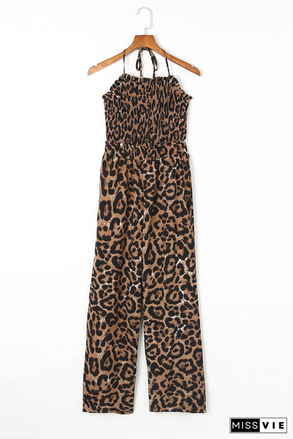 Leopard Print Halter Neck Backless Wide Leg Jumpsuit