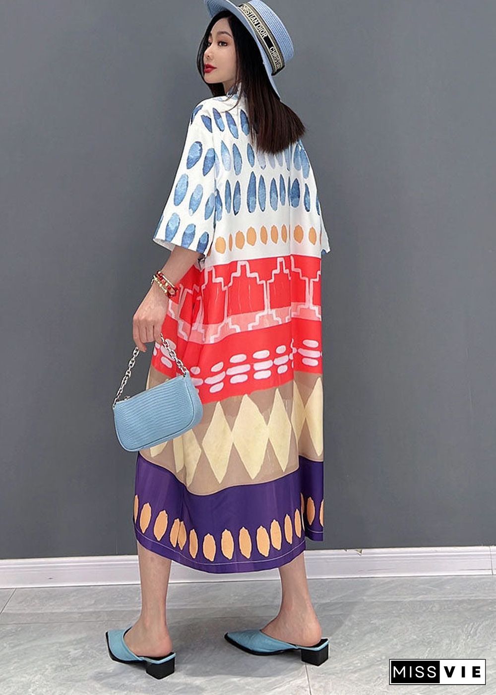 Natural Blue Stand Collar Patchwork Chiffon Shirt Dresses Half Sleeve