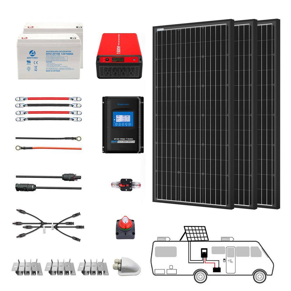 ACOPower 300-Watt Black Monocrystalline Off Grid Solar Power Kit 3 x 100-Watt Solar Panel w (2) 100Ah Gel Deep Cycle Batteries 200AH1.5KW-300W