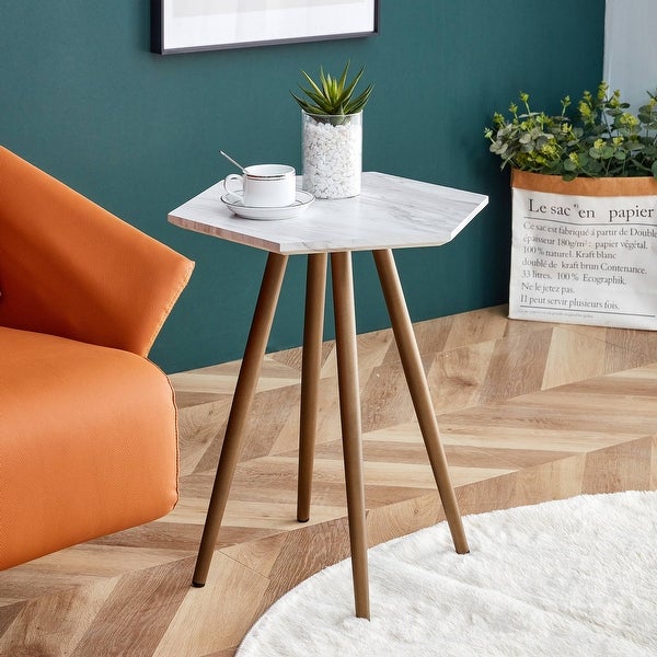 Modern White Faux Marble End Table， Hexagon Side Table， Small Accent Coffee Table with Metal Legs