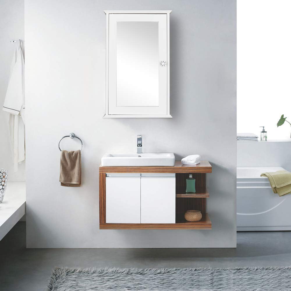 FCH Mirrored Bathroom Cabinet Wall Mount Storage Cabinet Single Doors Medicine Cabinet White