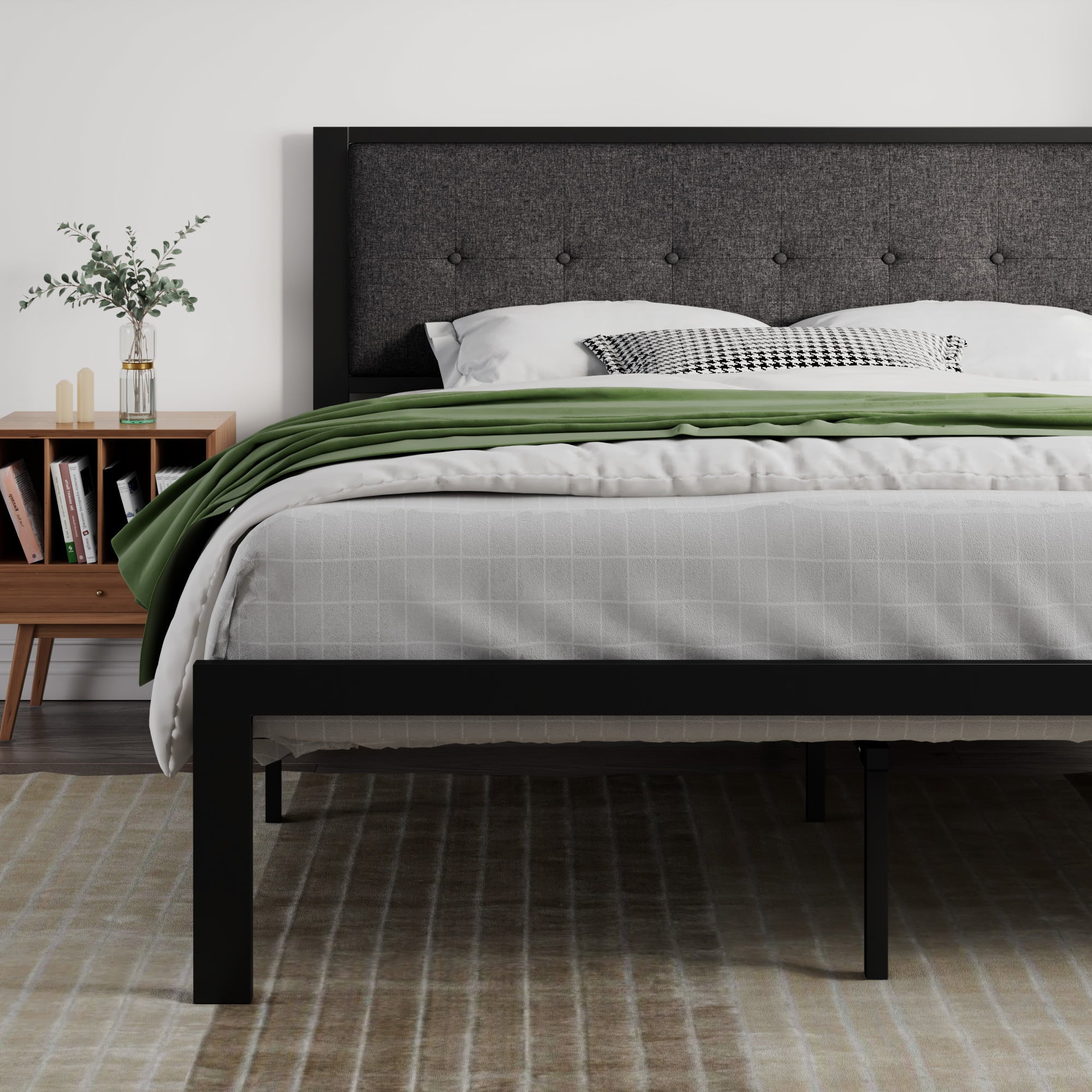 SHA CERLIN King Metal Platform Bed with Fabric Upholstered Button Tufted Headboard, Dark Grey