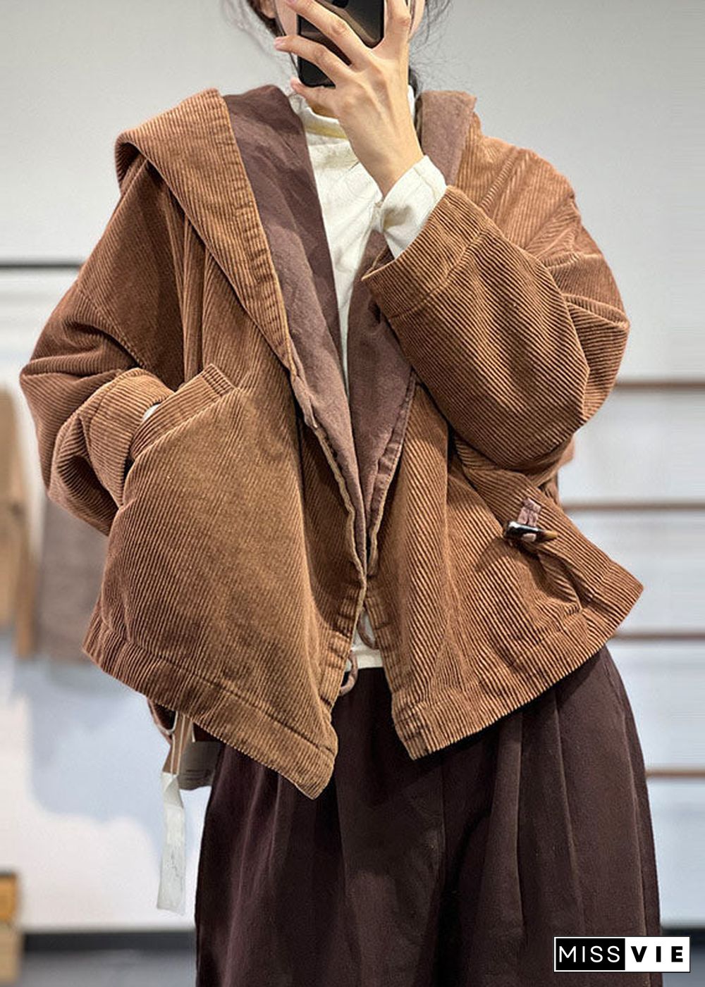 Plus Size Chocolate Hooded Oversized Pockets Corduroy Coat Spring