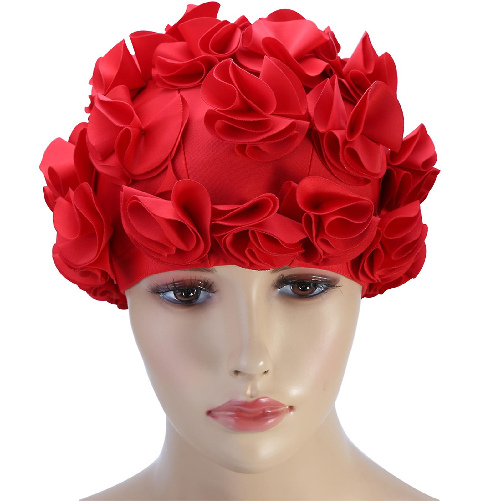 Women Children Flower Shape Fashion Elastic Swiming Hat Long Hair Swim Cap (red)