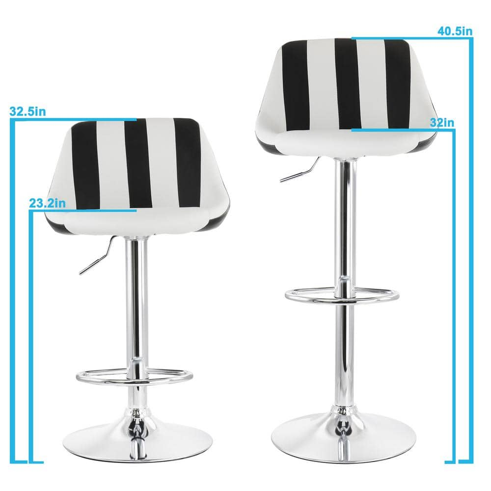 Elama 2-Piece Adjustable 40.5 in. ch Faux Leather Bar Stool in Striped Black and White with Chrome Base 985116708M