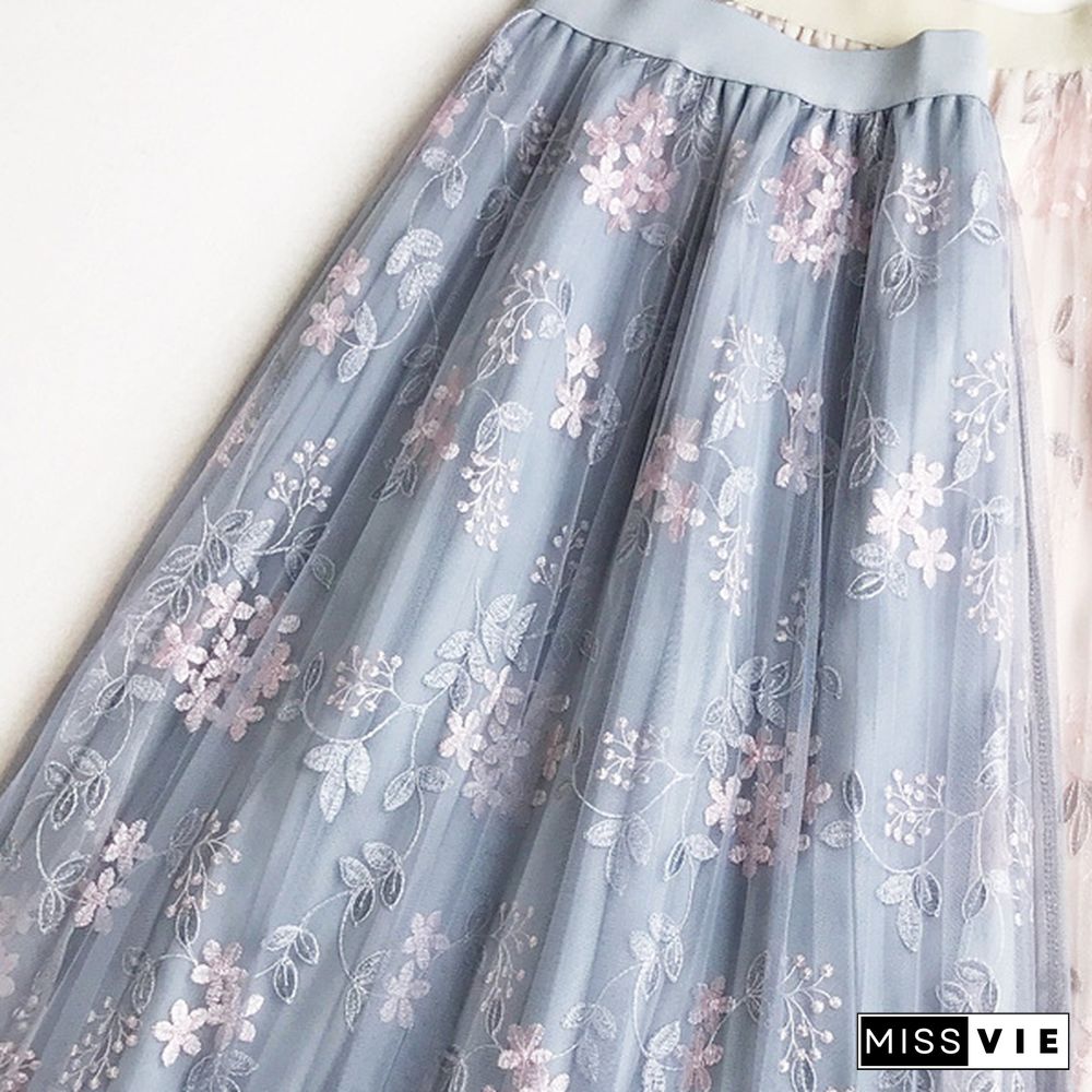 Summer Korean Skirt Heavy Work Embroidered High Waist A Word Long Skirt Fairy Mesh Skirt