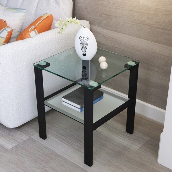 Two Layers Glass Side Table with Glass Tabletop and Metal Legs