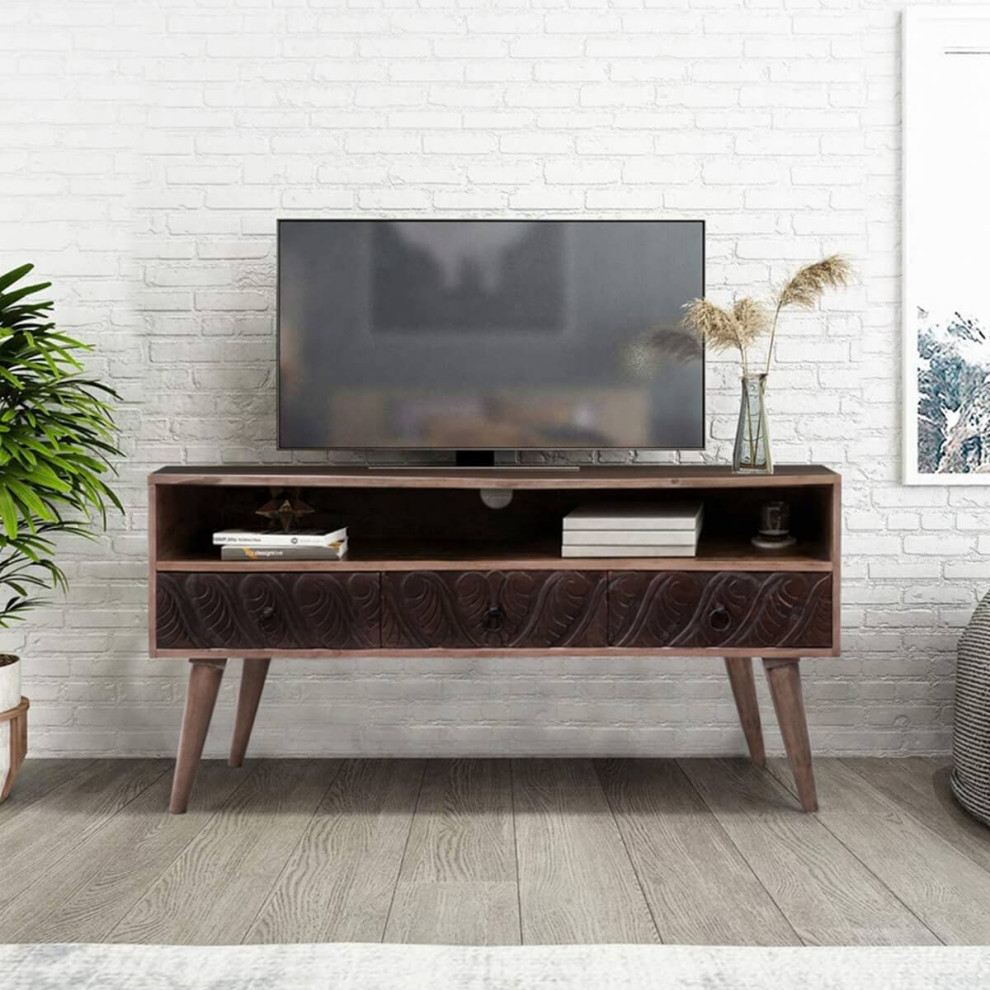 Hawick Mid Century Solid Wood TV Media Stand with Soundbar Shelf   Midcentury   Entertainment Centers And Tv Stands   by Sierra Living Concepts Inc  Houzz