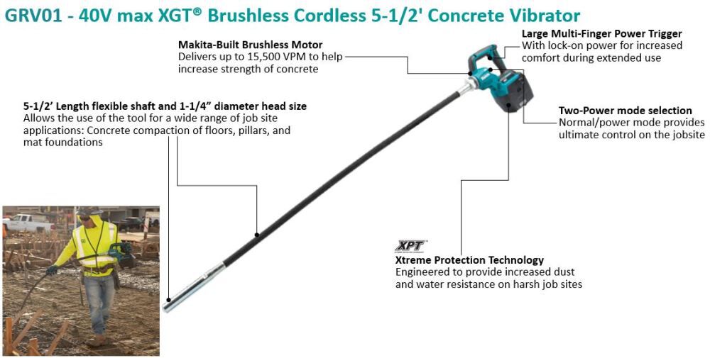 Makita 40V max XGT 5 1/2 ft Concrete Vibrator Bare Tool GRV01Z from Makita