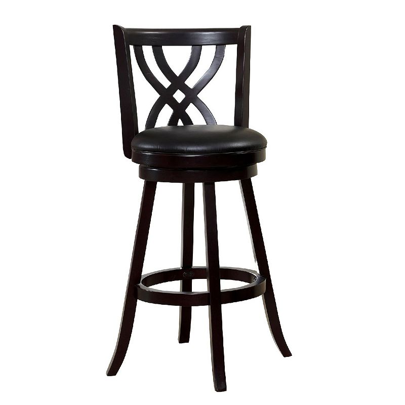 Swivel Barstool with Curved Double X Shaped Wooden Back， Espresso Brown