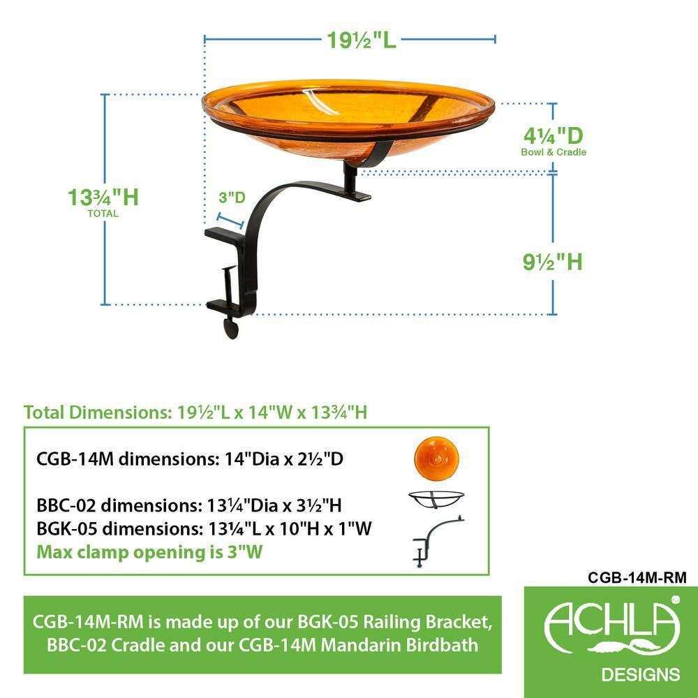 ACHLA DESIGNS 14 in. Dia， Mandarin Orange Reflective Crackle Glass Birdbath Bowl with Rail Mount Bracket CGB-14M-RM