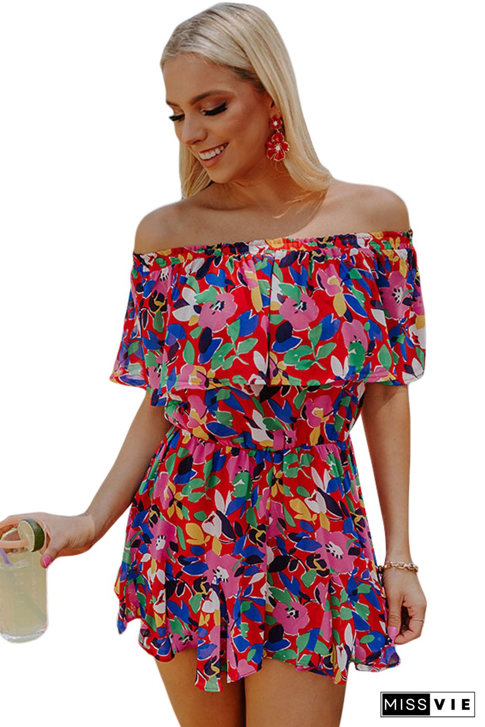 Red Floral Off Shoulder Short Sleeves Ruffle Romper