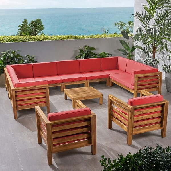 Oana Outdoor 11 Seater Acacia Wood Sectional Sofa and Club Chair Set by Christopher Knight Home